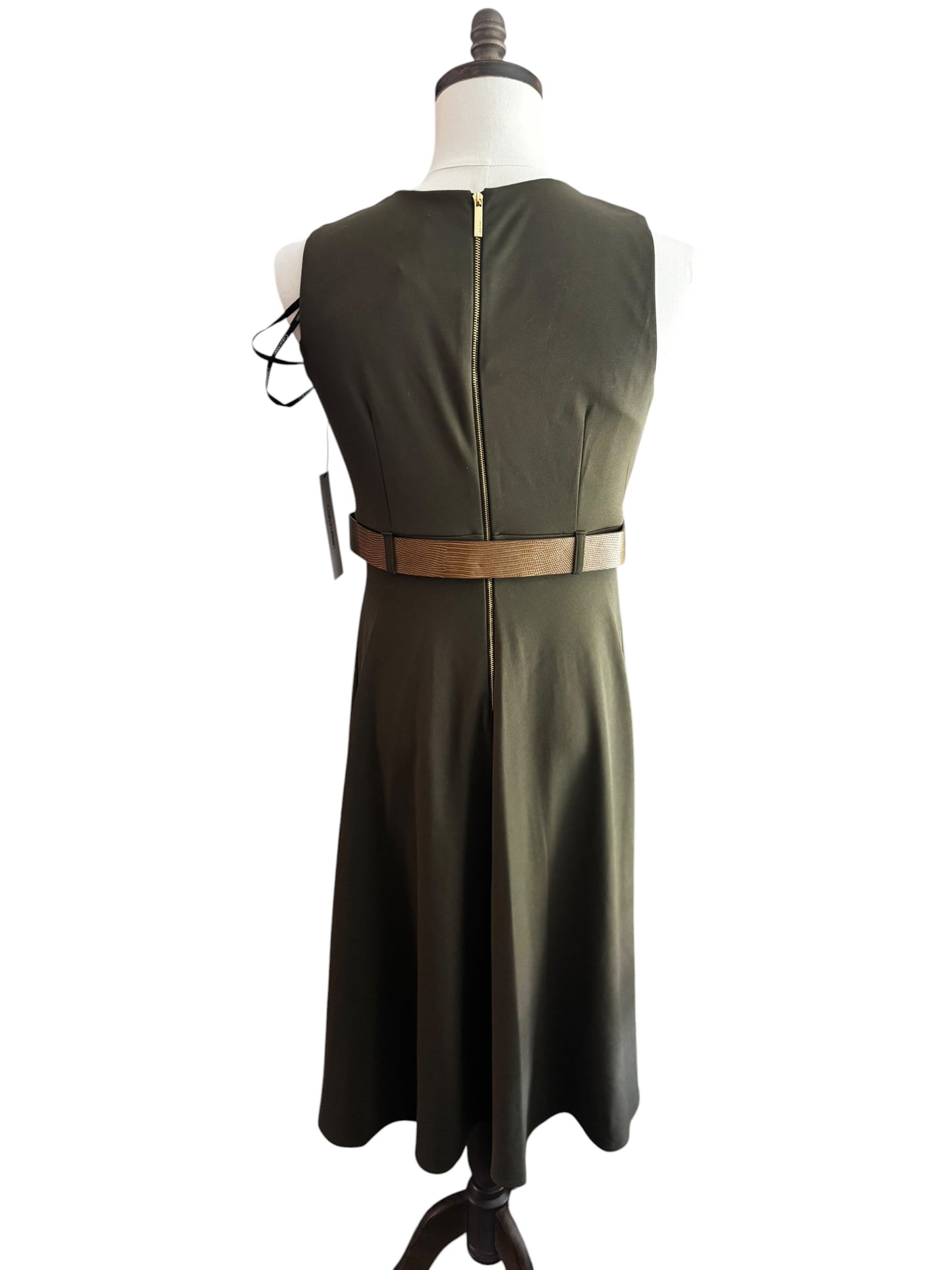 Vestido Calvin Klein Verde Oliva con Cinturón Texturizado Café para Mujer – Talla 8