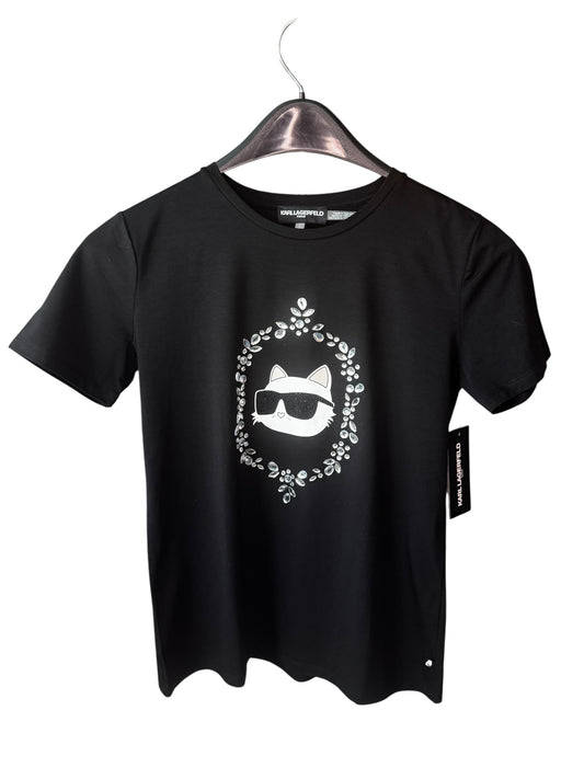 Camiseta negra para mujer Karl Lagerfeld con diseño de gato y cristales