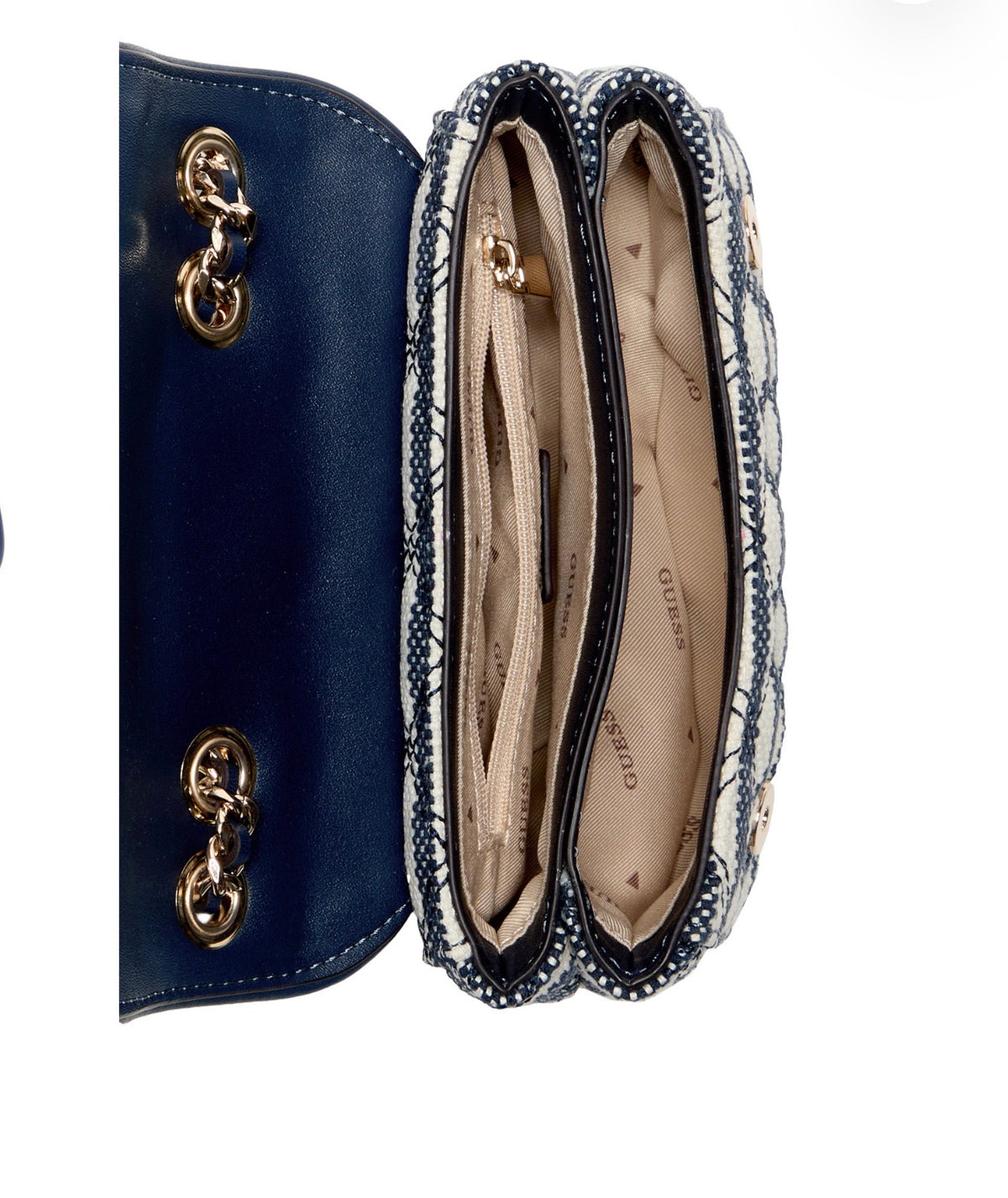 Bolso Mini GUESS Giully II Crossbody a Rayas Azul y Crema