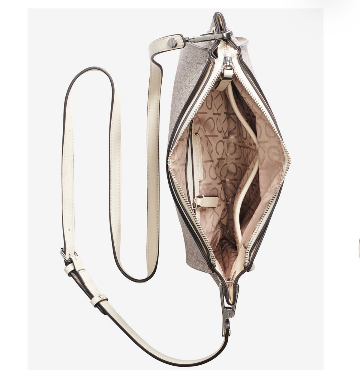 Bolso Cruzado Calvin Klein Monograma Taupe y Blanco