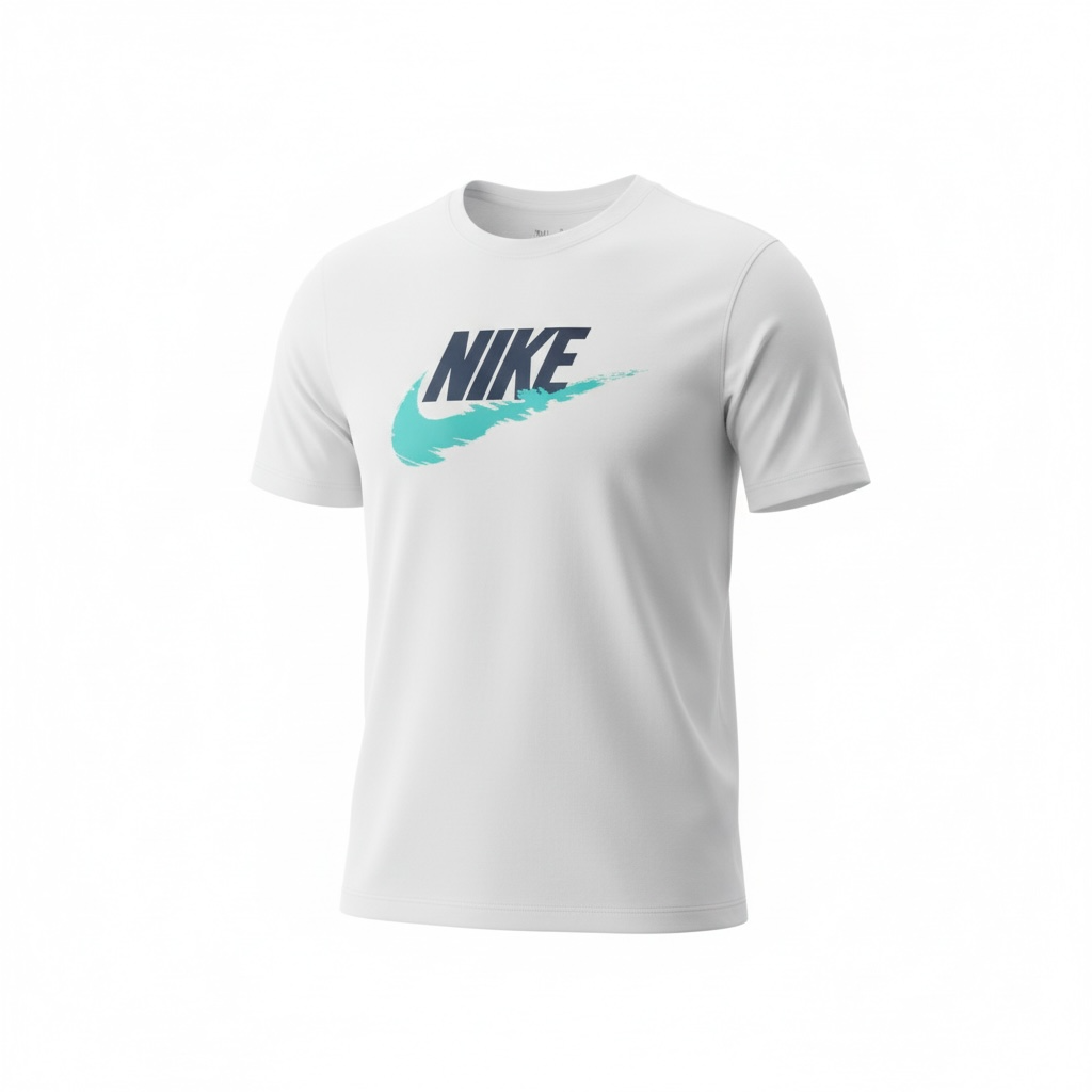 Camiseta Nike para Hombre Blanca con Logo Grande y Swoosh Turquesa