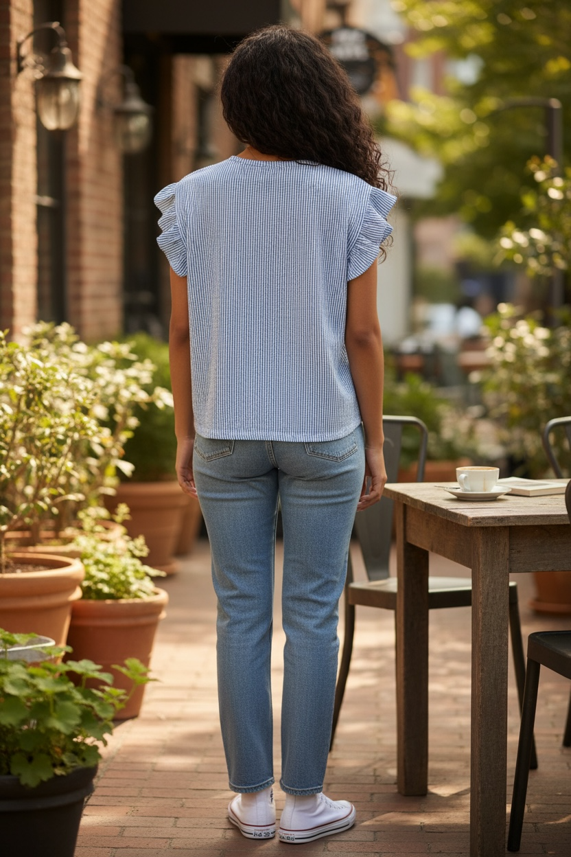 Blusa Michael Kors de Rayas Azules con Mangas Volantes para Mujer