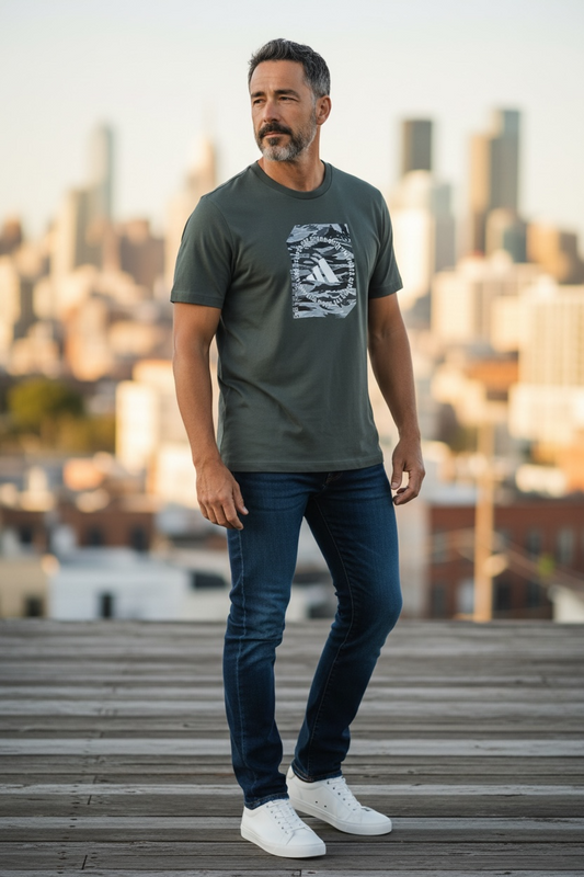 Camiseta Adidas para Hombre Verde Oliva con Logo Gráfico Camuflaje