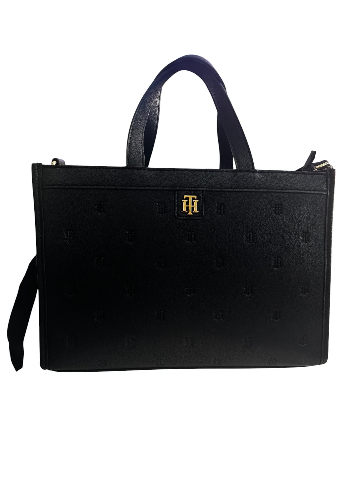 Bolso Tote Tommy Hilfiger Negro con Monograma Grabado y Logo Dorado