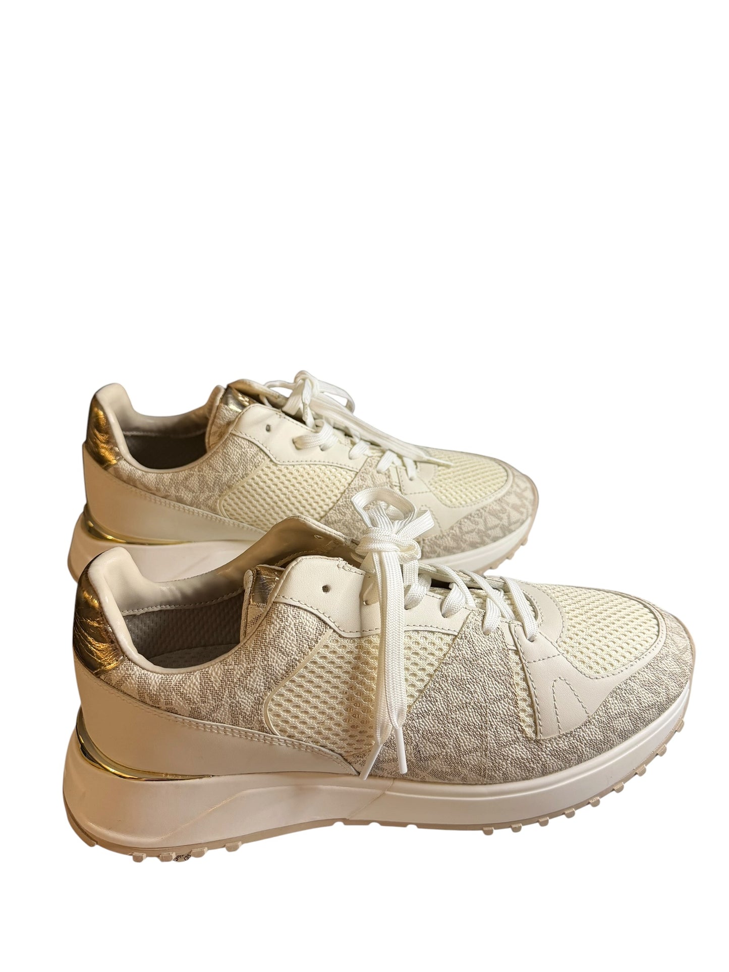 Tenis Michael Kors para Mujer Blancos con Monograma MK y Detalles Dorados – Talla 10 US