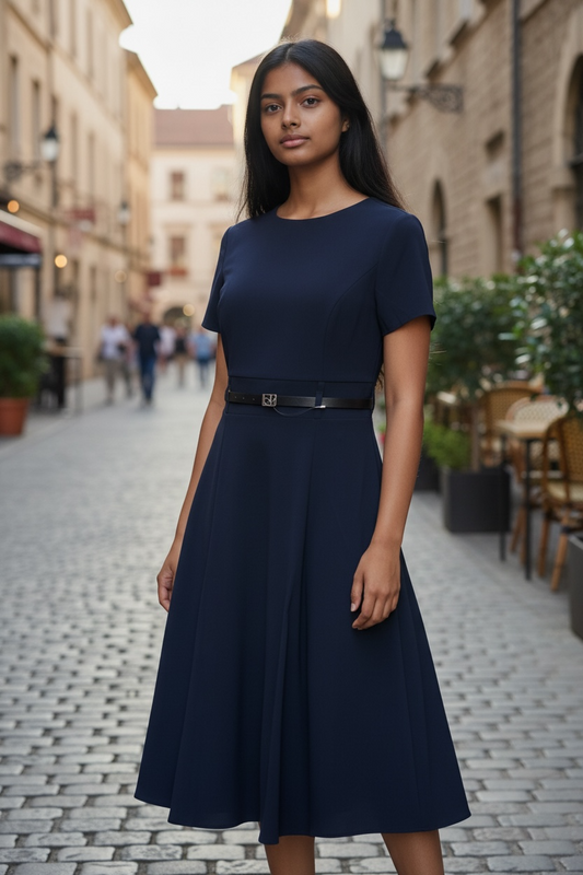 Vestido Calvin Klein Azul Marino con Cinturón Delgado para Mujer – Talla 10