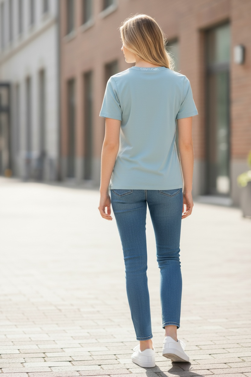 Camiseta Calvin Klein Mujer Azul Claro con Logo Frontal
