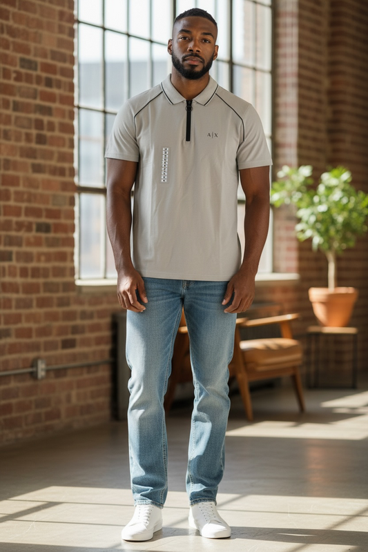 Polo Armani Exchange Hombre Gris Neutral con Cierre Half-Zip