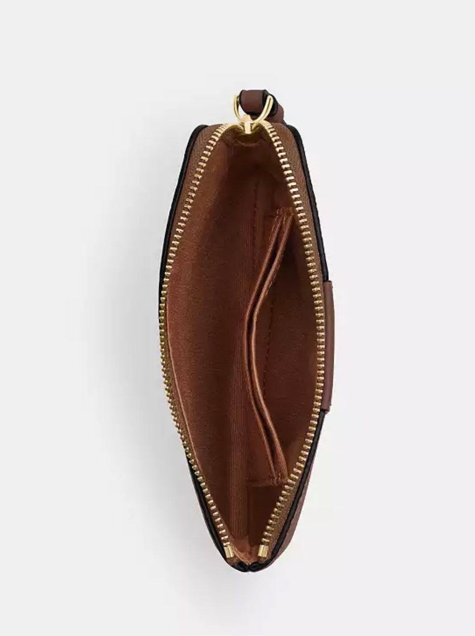 Coach Corner Zip Wristlet Signature Canvas con Raya Central – Café Claro y Café Oscuro