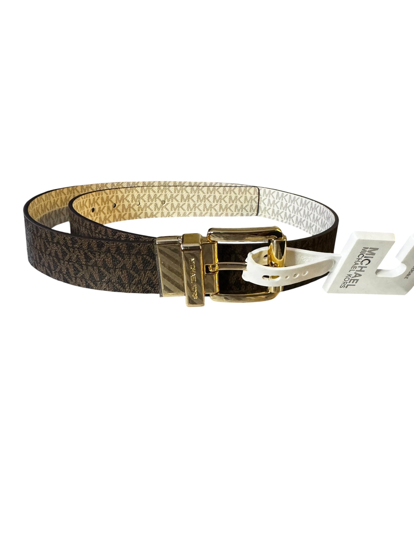 Cinturón Reversible Michael Kors MK Logo Café y Blanco con Hebilla Dorada