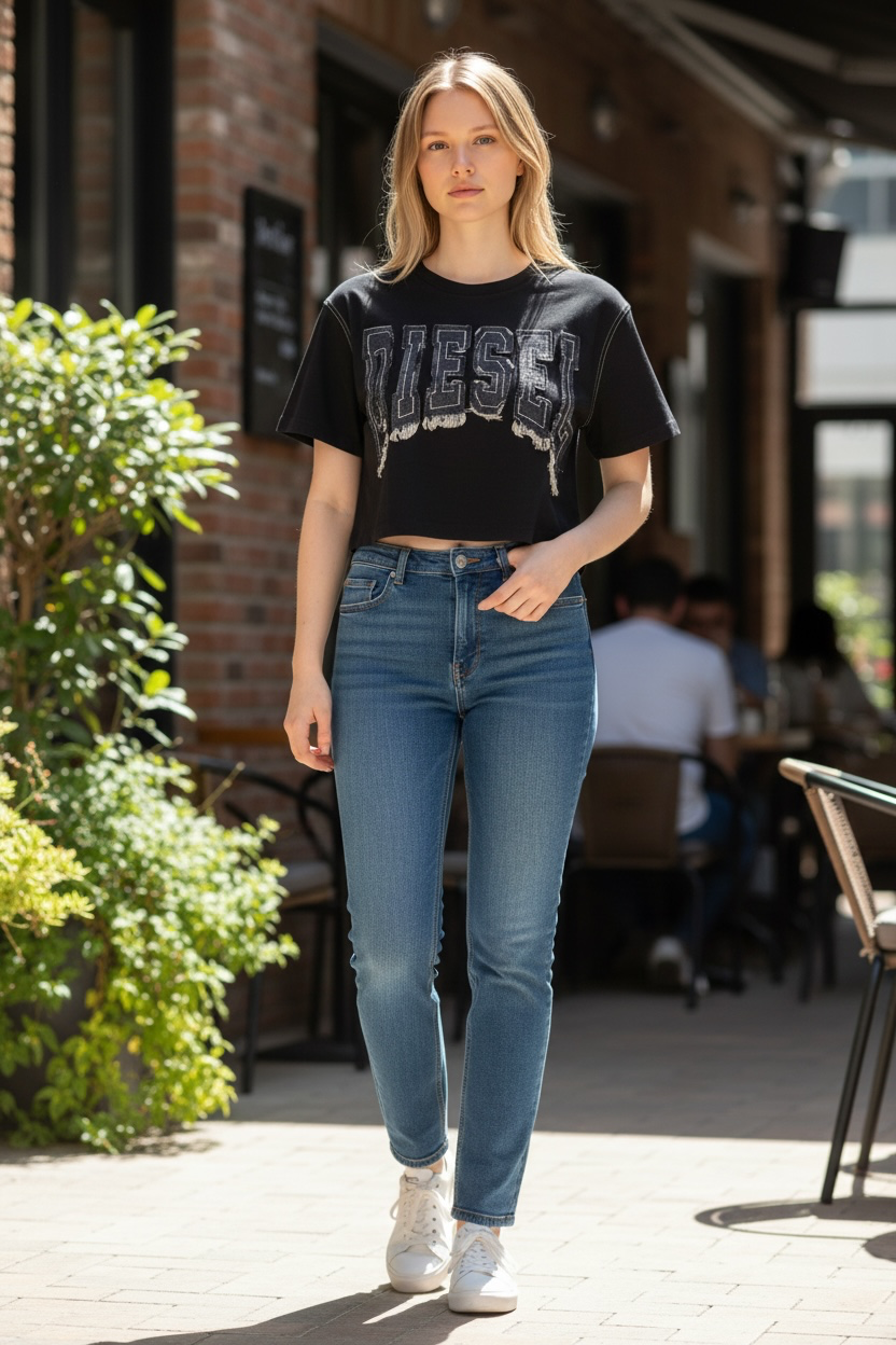 Camiseta Crop Diesel Mujer con Logo Denim Desgastado – Negro y Gris Ceniza