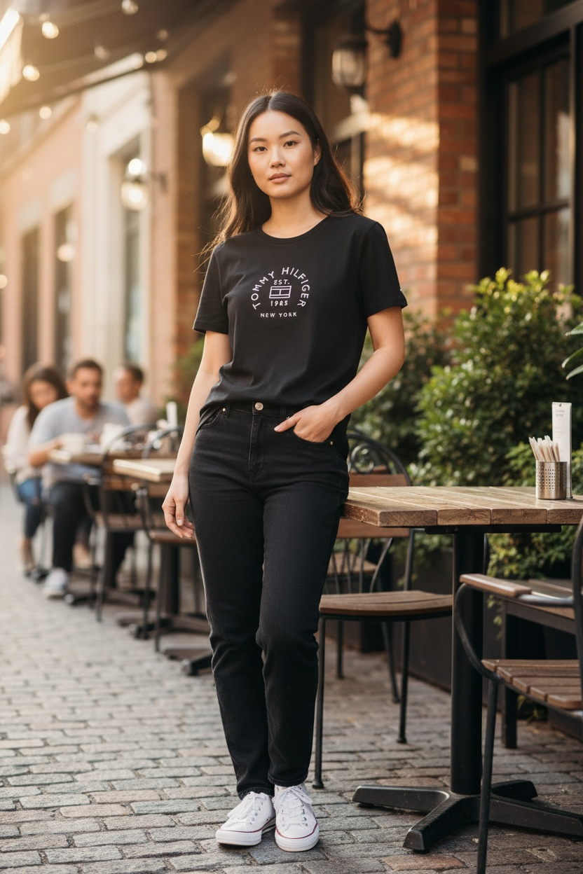 Camiseta Tommy Hilfiger Mujer Negra con Logo Circular