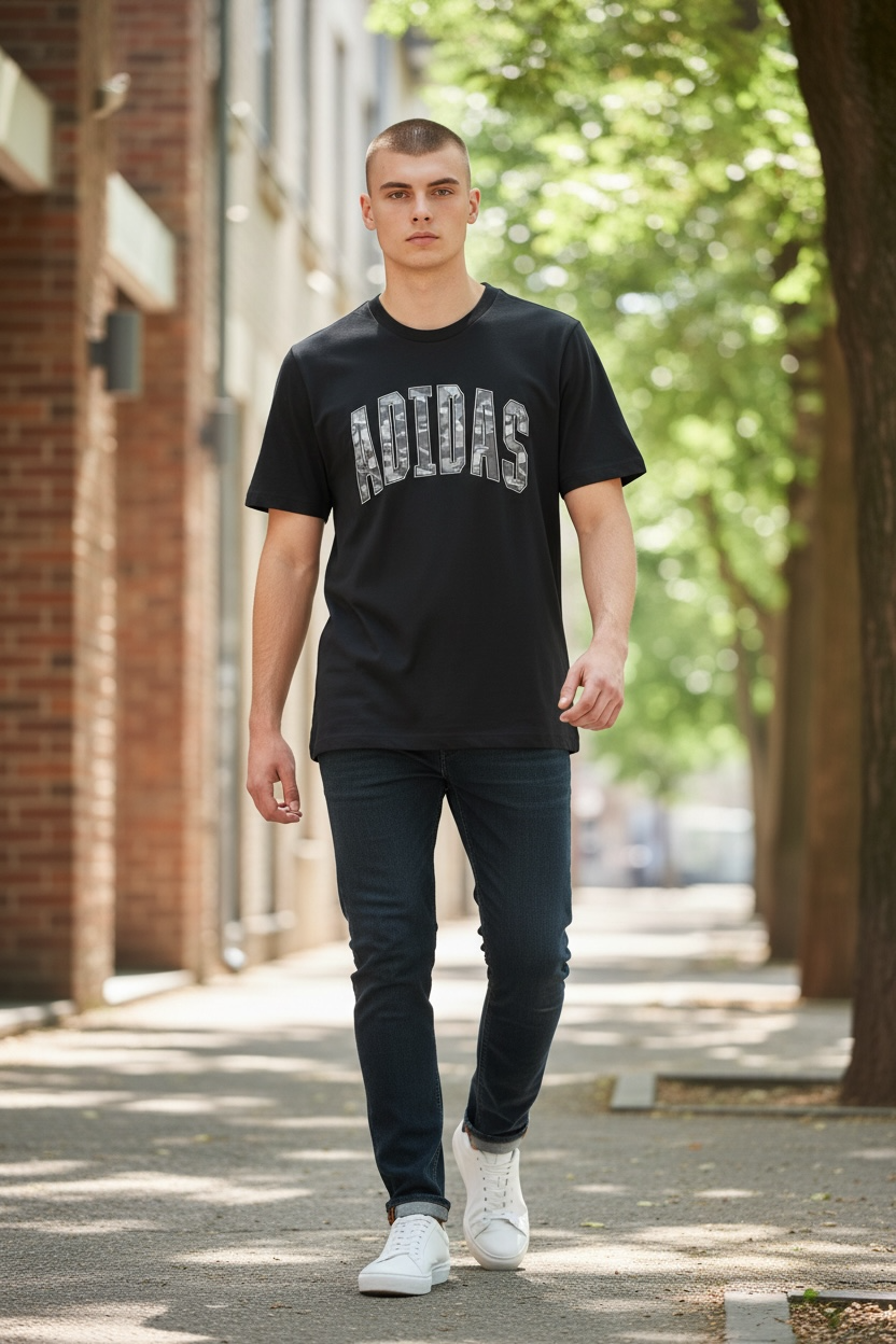 Camiseta Adidas para Hombre Negra con Logo Adidas Estilo Camuflaje