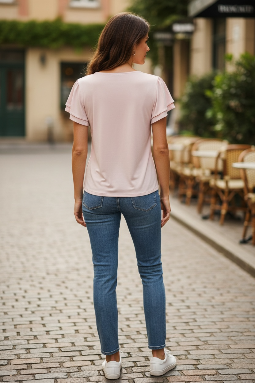 Blusa Calvin Klein Rosa Claro para Mujer con Cuello en V y Mangas con Volantes