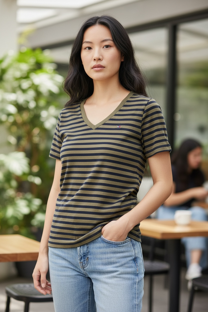 Camiseta Tommy Hilfiger de Rayas Verde Oliva Cuello en V para Mujer