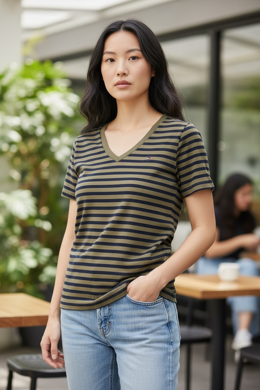 Camiseta Tommy Hilfiger de Rayas Verde Oliva Cuello en V para Mujer