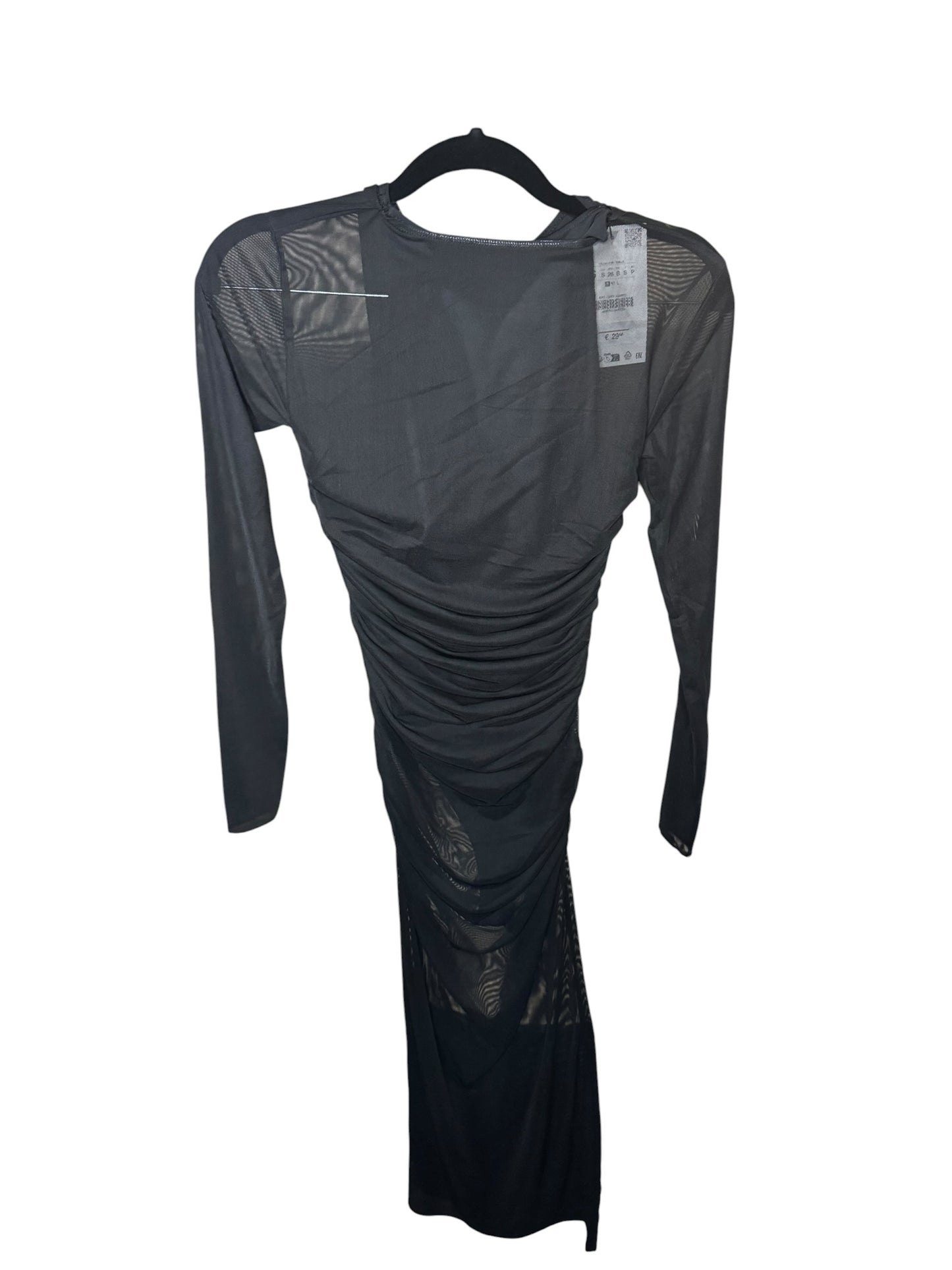 Vestido Zara Negro Fruncido de Manga Larga en Jersey Transparente