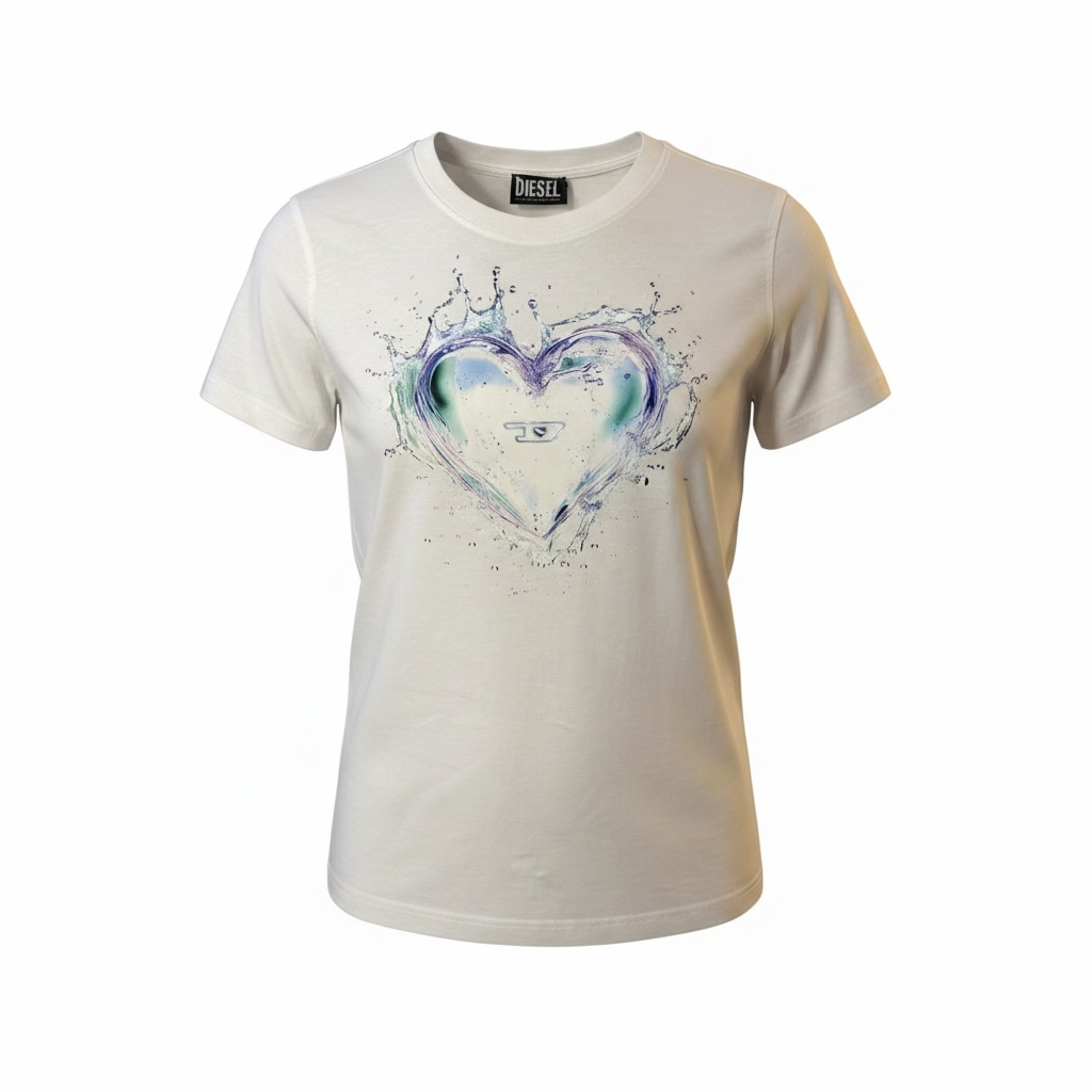 Camiseta Diesel Mujer con Estampado Corazón Acuarela – Edición Premium