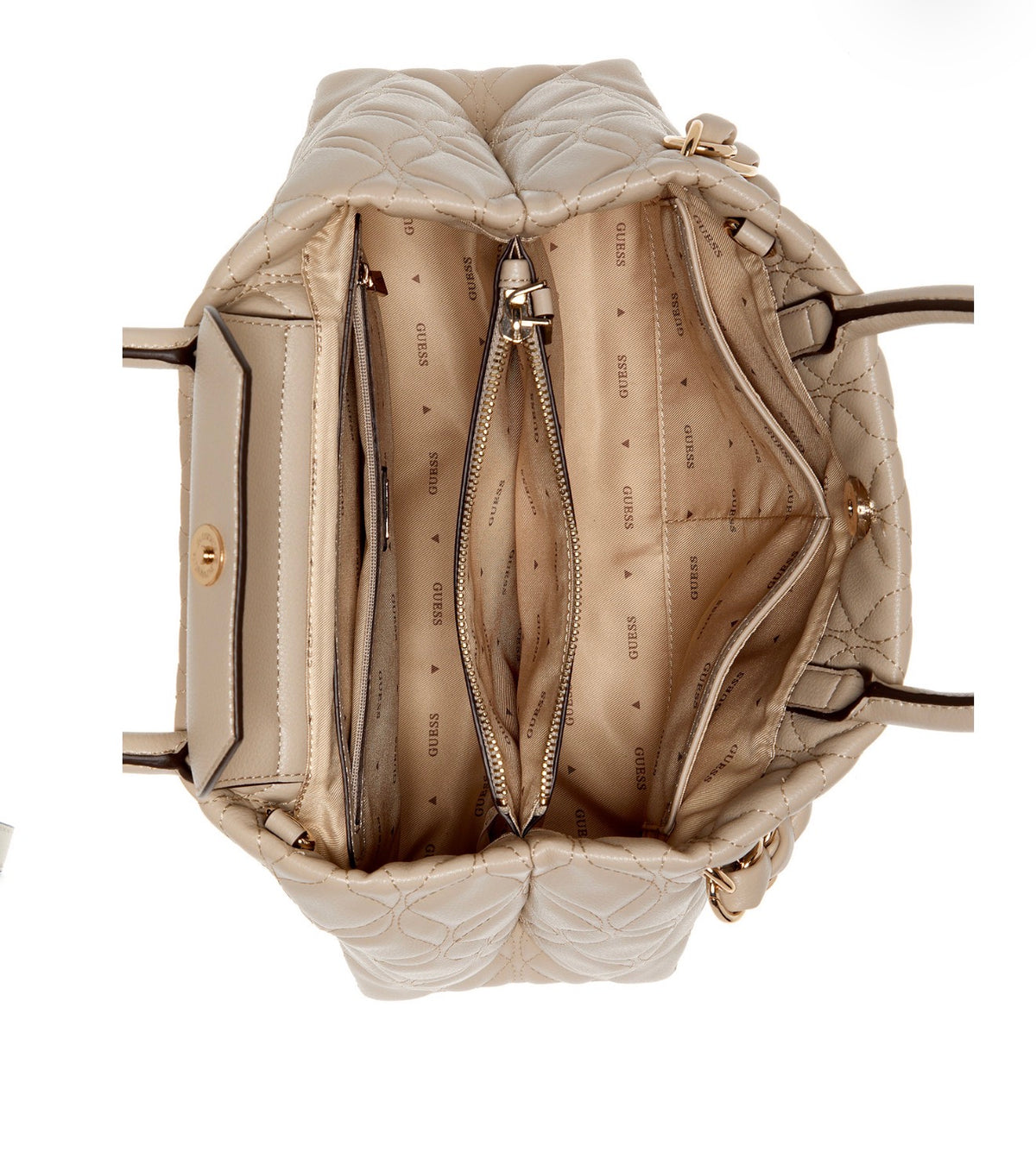 Bolso GUESS Satchel Grande Beige Acolchado con Cadena