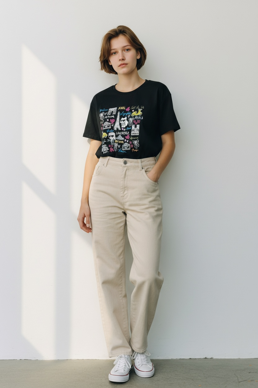 Camiseta Karl Lagerfeld negra para mujer con diseño gráfico Paris y Choupette