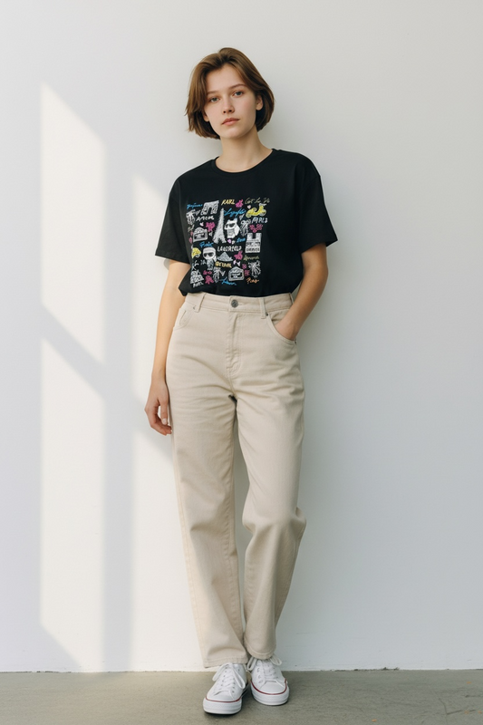 Camiseta Karl Lagerfeld negra para mujer con diseño gráfico Paris y Choupette