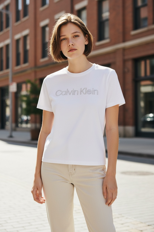 Camiseta Calvin Klein Performance Blanca para Mujer con Logo Plateado