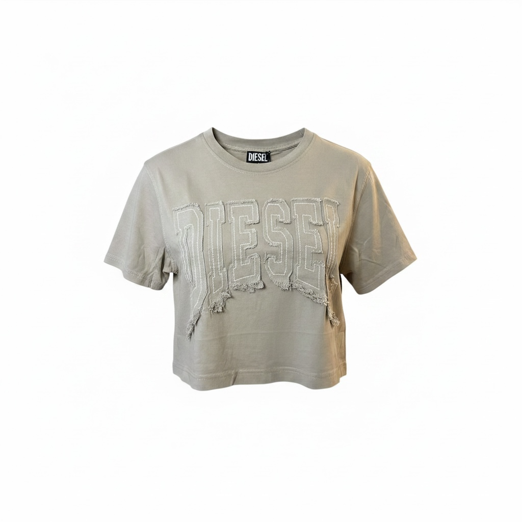 Camiseta Crop Diesel Mujer con Logo Denim Desgastado – Negro y Gris Ceniza