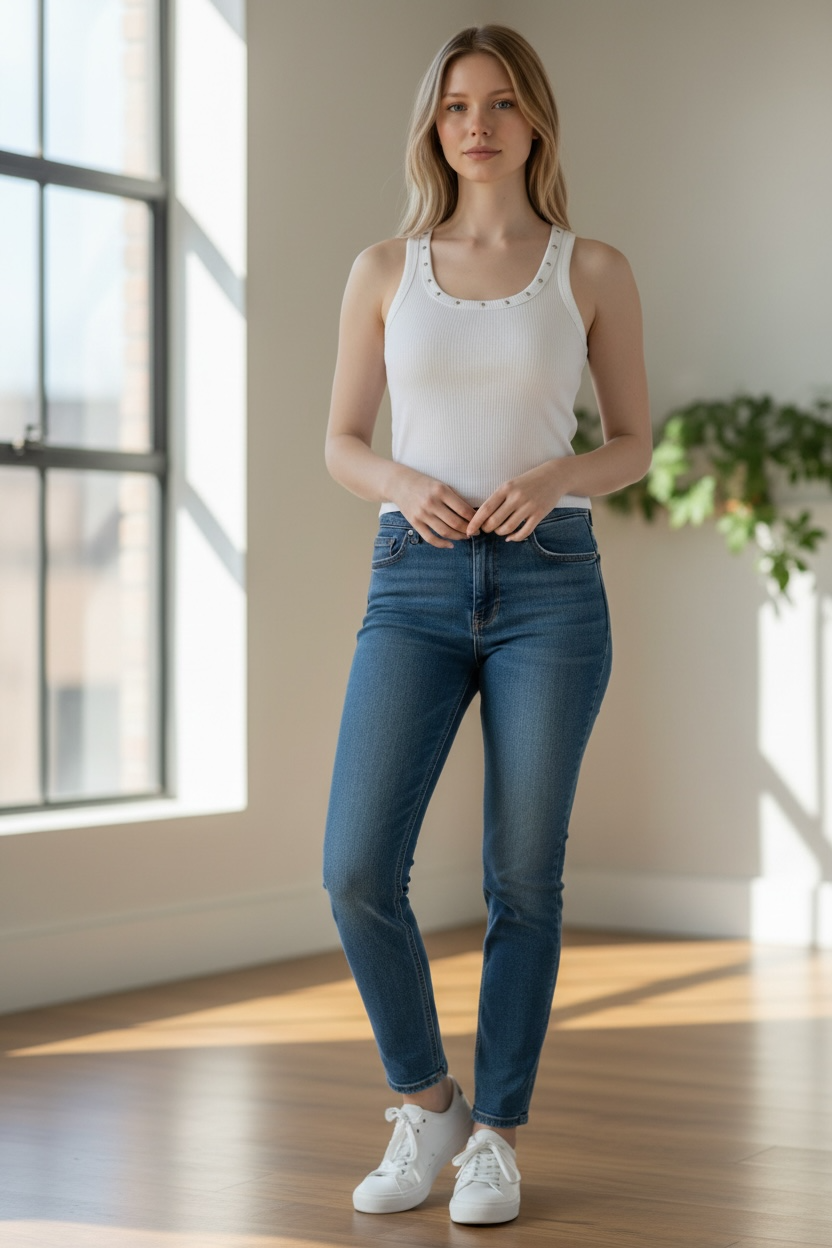 Franelilla Tipo Tank Top Michael Kors Blanca Acanalada con Detalles Metálicos para Mujer