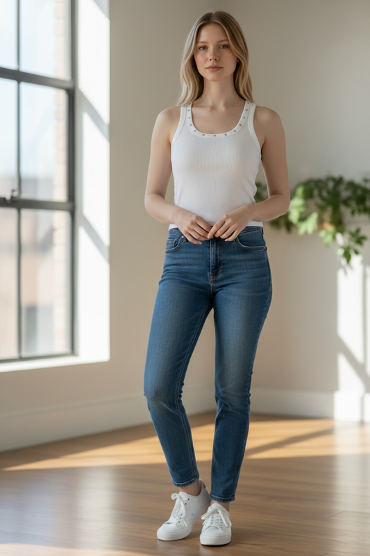 Franelilla Tipo Tank Top Michael Kors Blanca Acanalada con Detalles Metálicos para Mujer