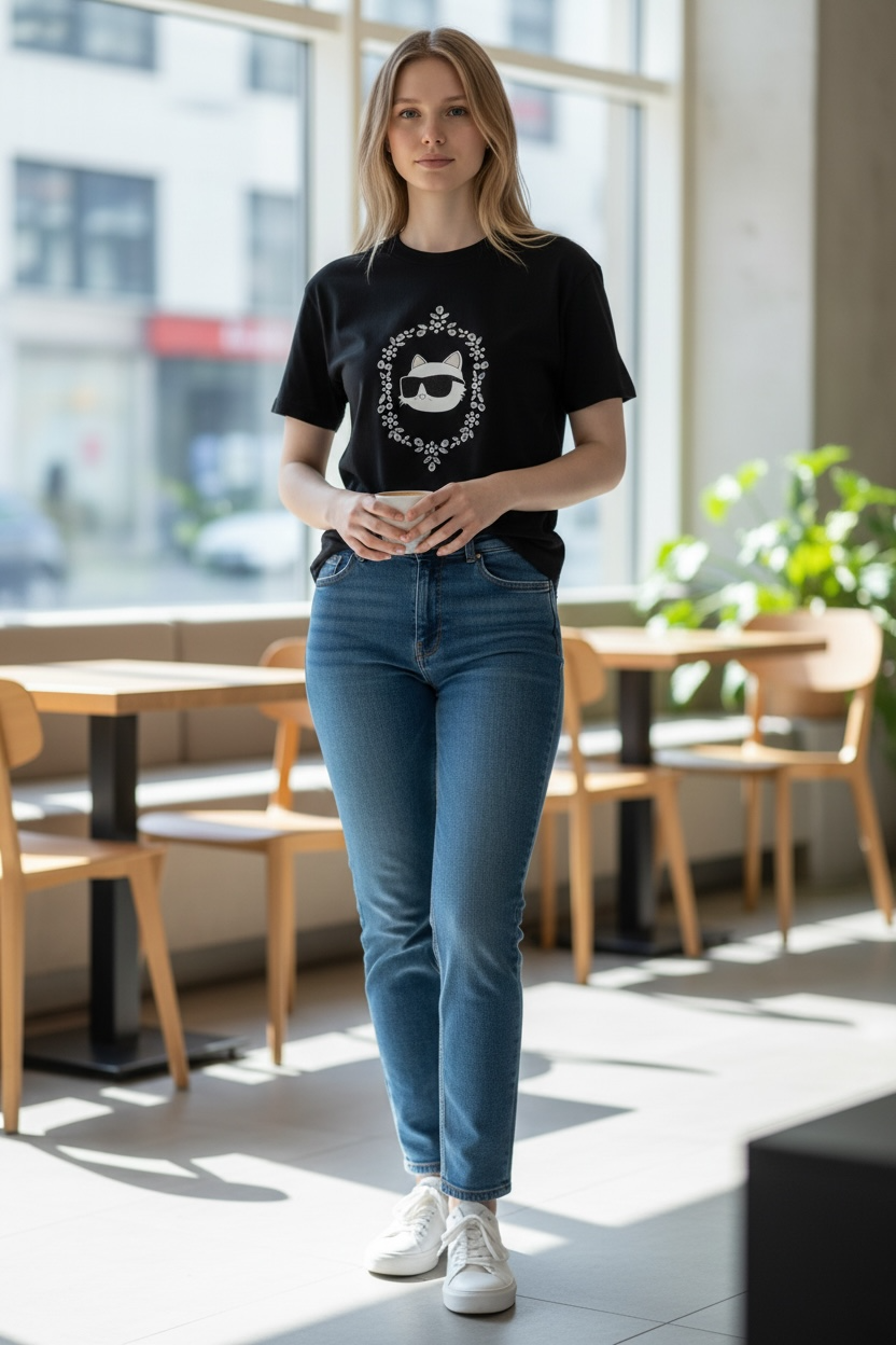 Camiseta negra para mujer Karl Lagerfeld con diseño de gato y cristales