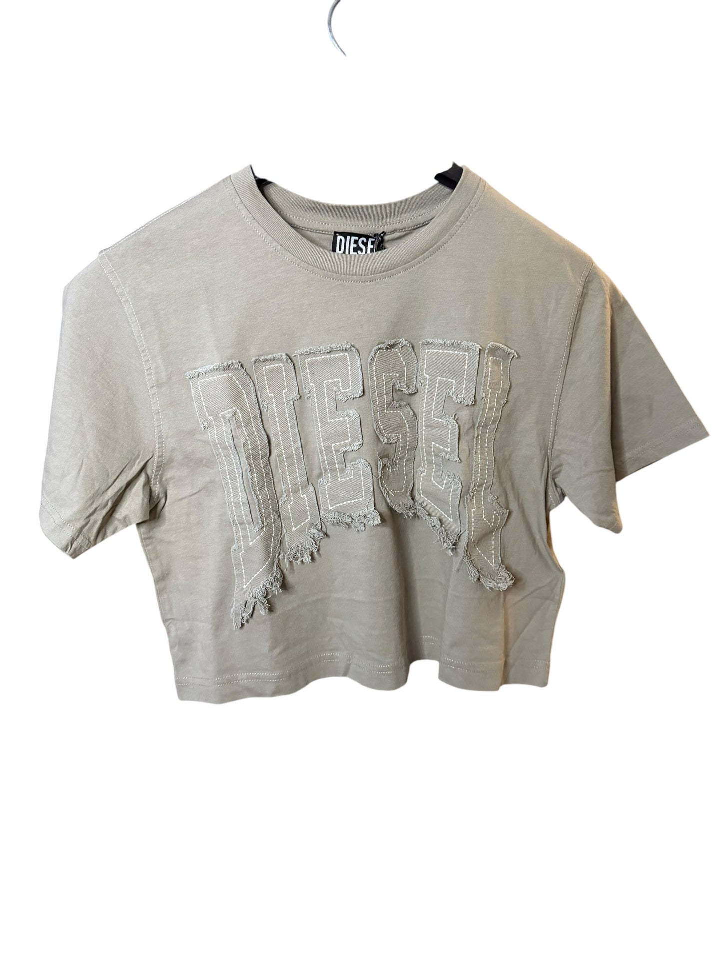 Camiseta Crop Diesel Mujer con Logo Denim Desgastado – Negro y Gris Ceniza