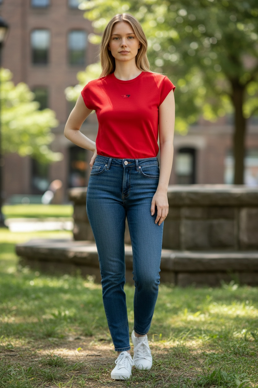 Camiseta Diesel Roja para Mujer con Logo D Tonal