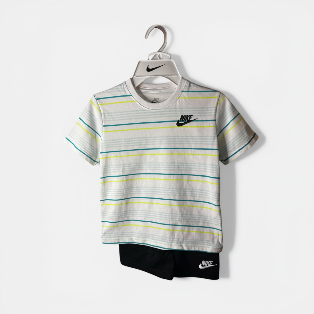 Conjunto Nike Niño 2 Piezas Talla 6-7 Años – Camiseta Blanca con Rayas y Short Negro