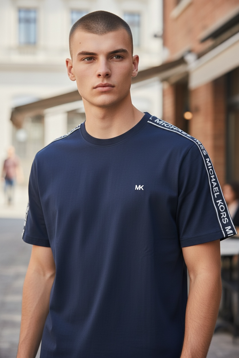 Camiseta Michael Kors para Hombre Azul Marino con Logo MK y Detalle de Marca en Hombros