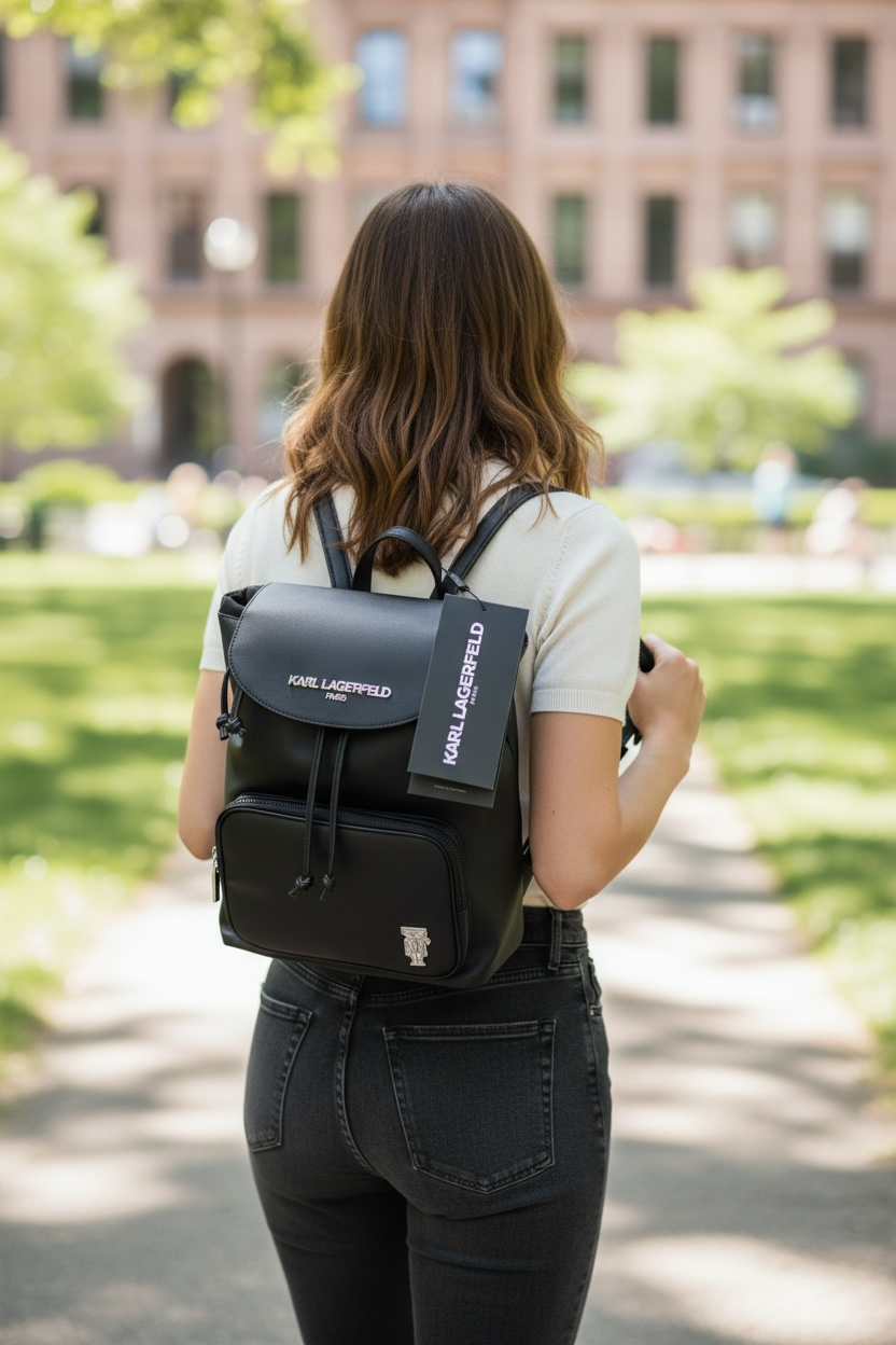 Morral Karl Lagerfeld Paris Negro con Bolsillo Frontal y Cierre de Cordón