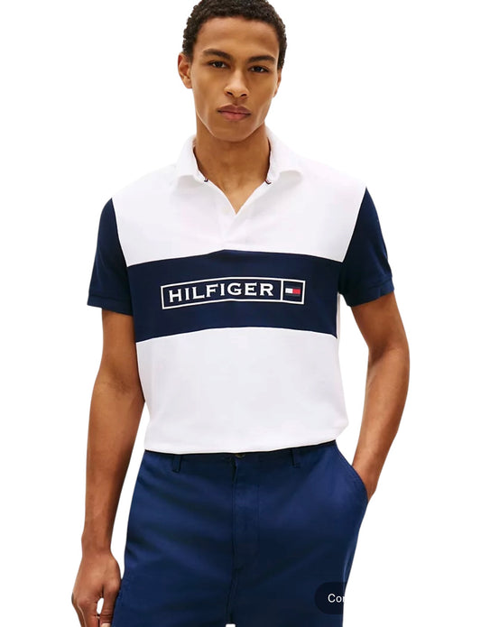 Polo Tommy Hilfiger Regular Fit Wicking Piqué Blanco y Azul Marino Hombre – Talla L