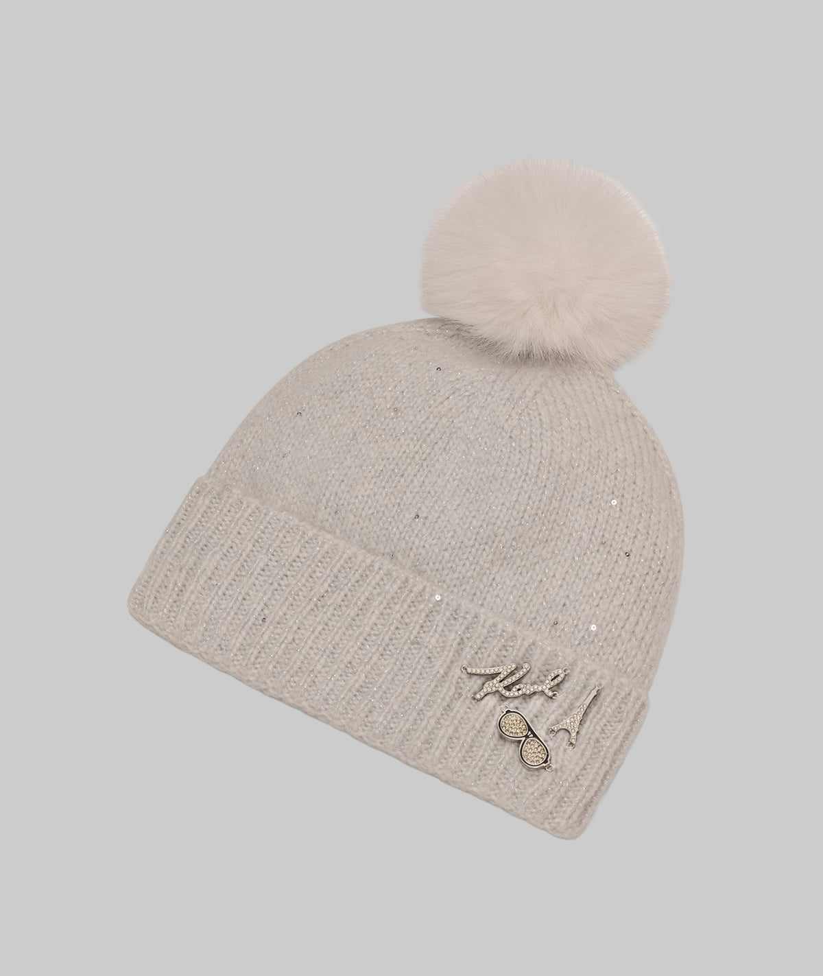 Gorro Karl Lagerfeld para Mujer Gris con Pom Pom y Detalles Brillantes