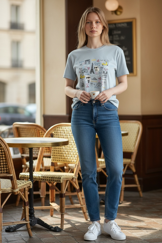 Camiseta Karl Lagerfeld azul claro para mujer con diseño Paris y Choupette