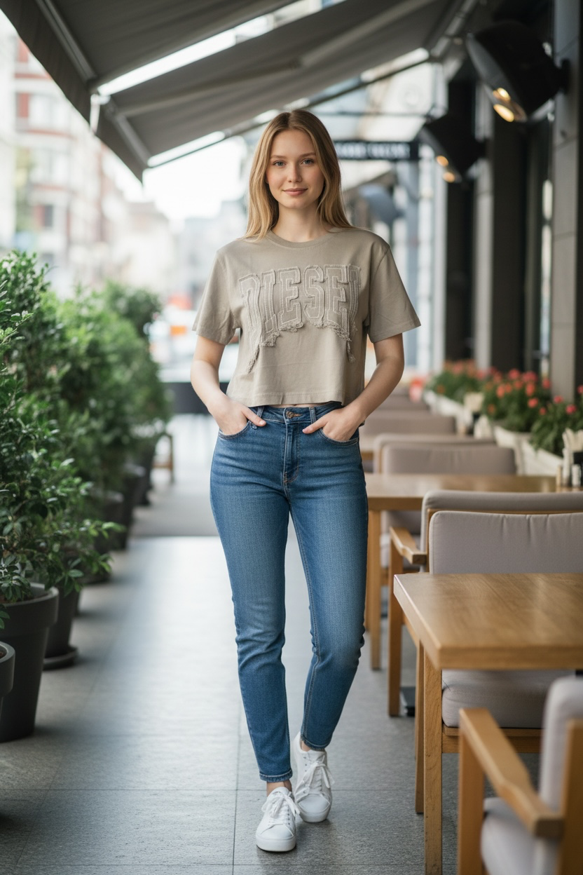 Camiseta Crop Diesel Mujer con Logo Denim Desgastado – Negro y Gris Ceniza