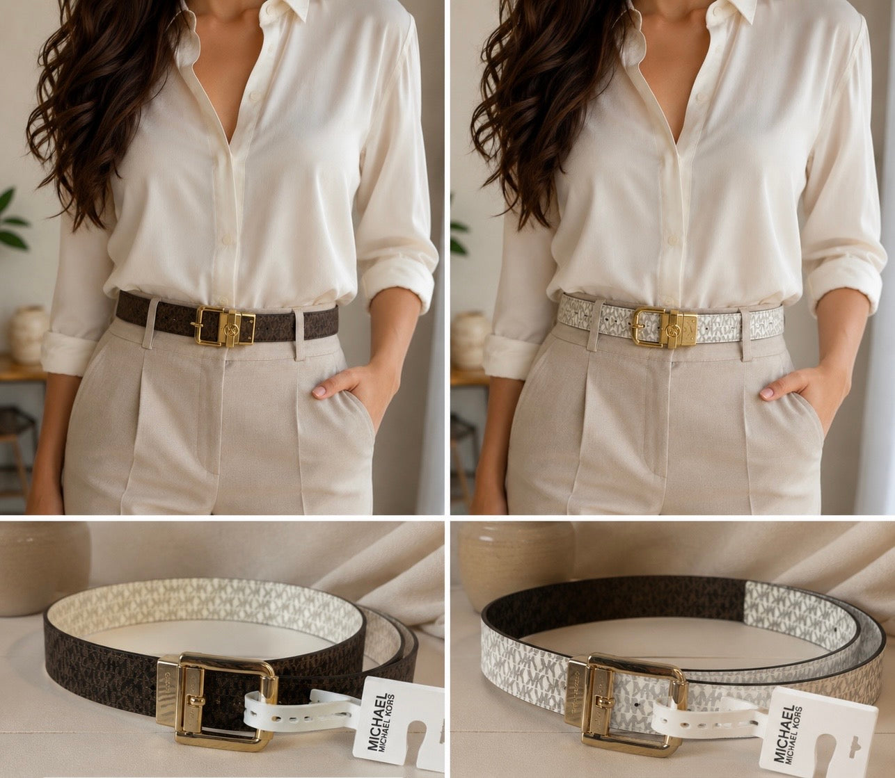 Cinturón Reversible Michael Kors MK Logo Café y Blanco con Hebilla Dorada