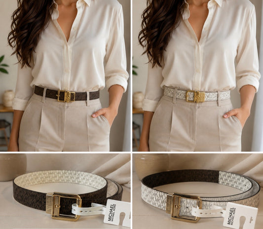 Cinturón Reversible Michael Kors MK Logo Café y Blanco con Hebilla Dorada