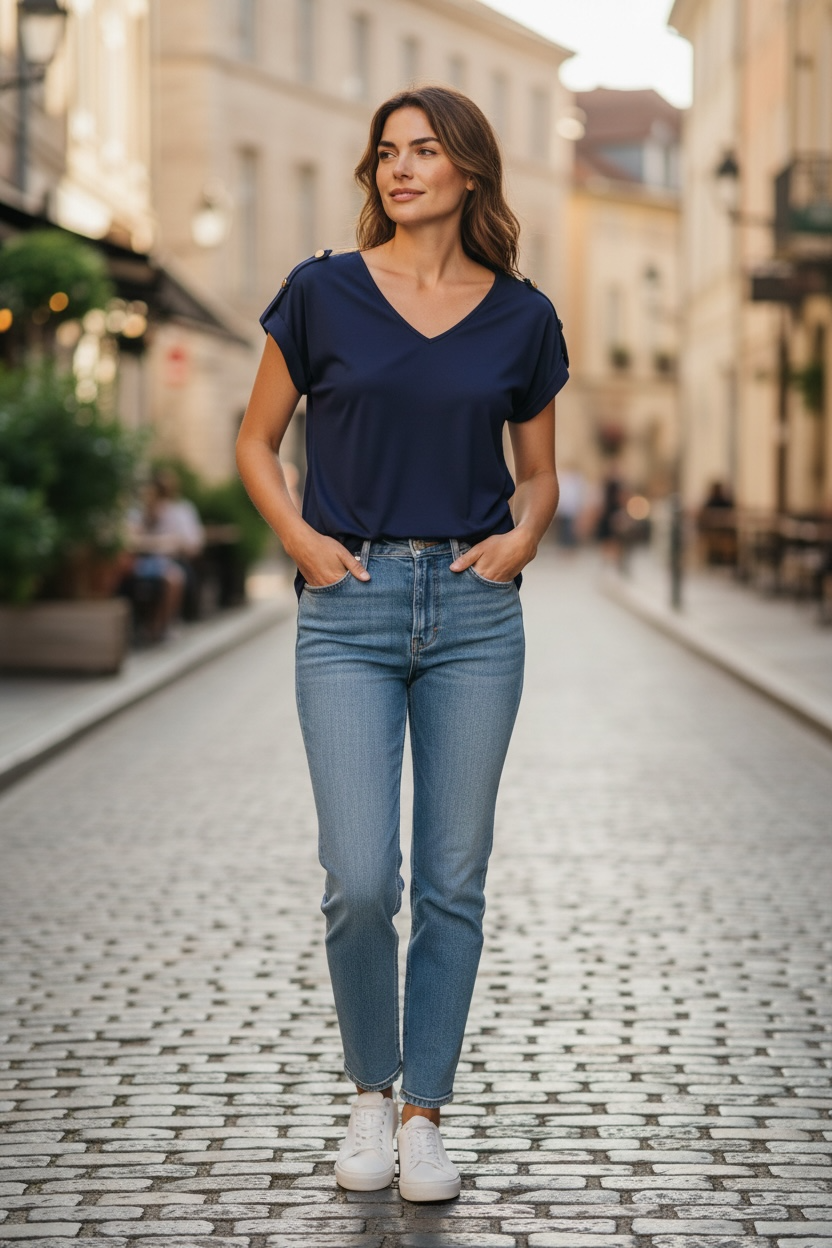 Blusa Michael Kors Azul Marino de Cuello V con Detalles Dorados