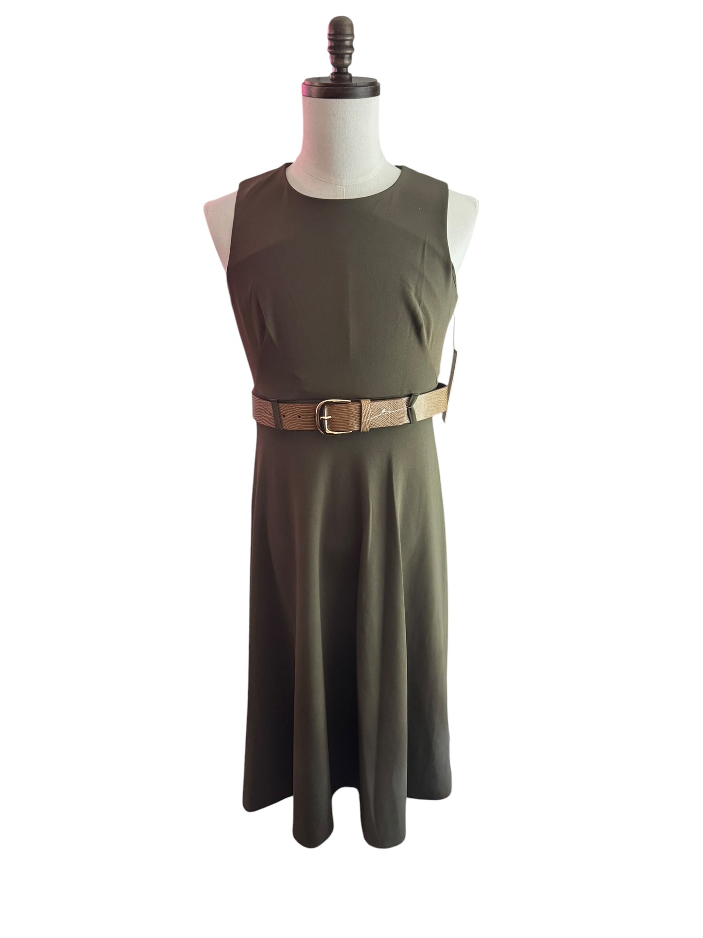 Vestido Calvin Klein Verde Oliva con Cinturón Texturizado Café para Mujer – Talla 8