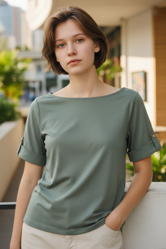 Camiseta Michael Kors para Mujer Verde Oliva con Botones en Mangas