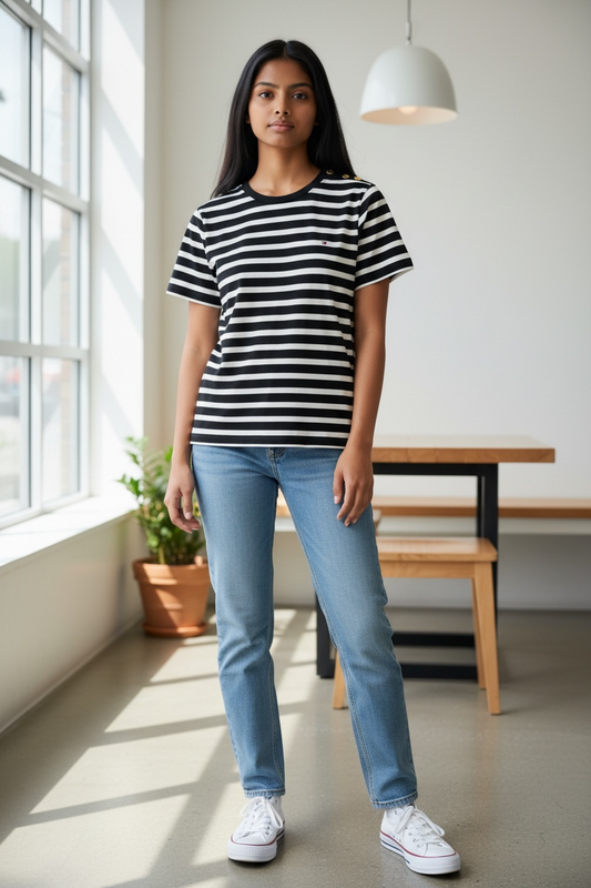 Camiseta Tommy Hilfiger de Rayas Azul Marino y Blanco para Mujer con Botones en el Hombro