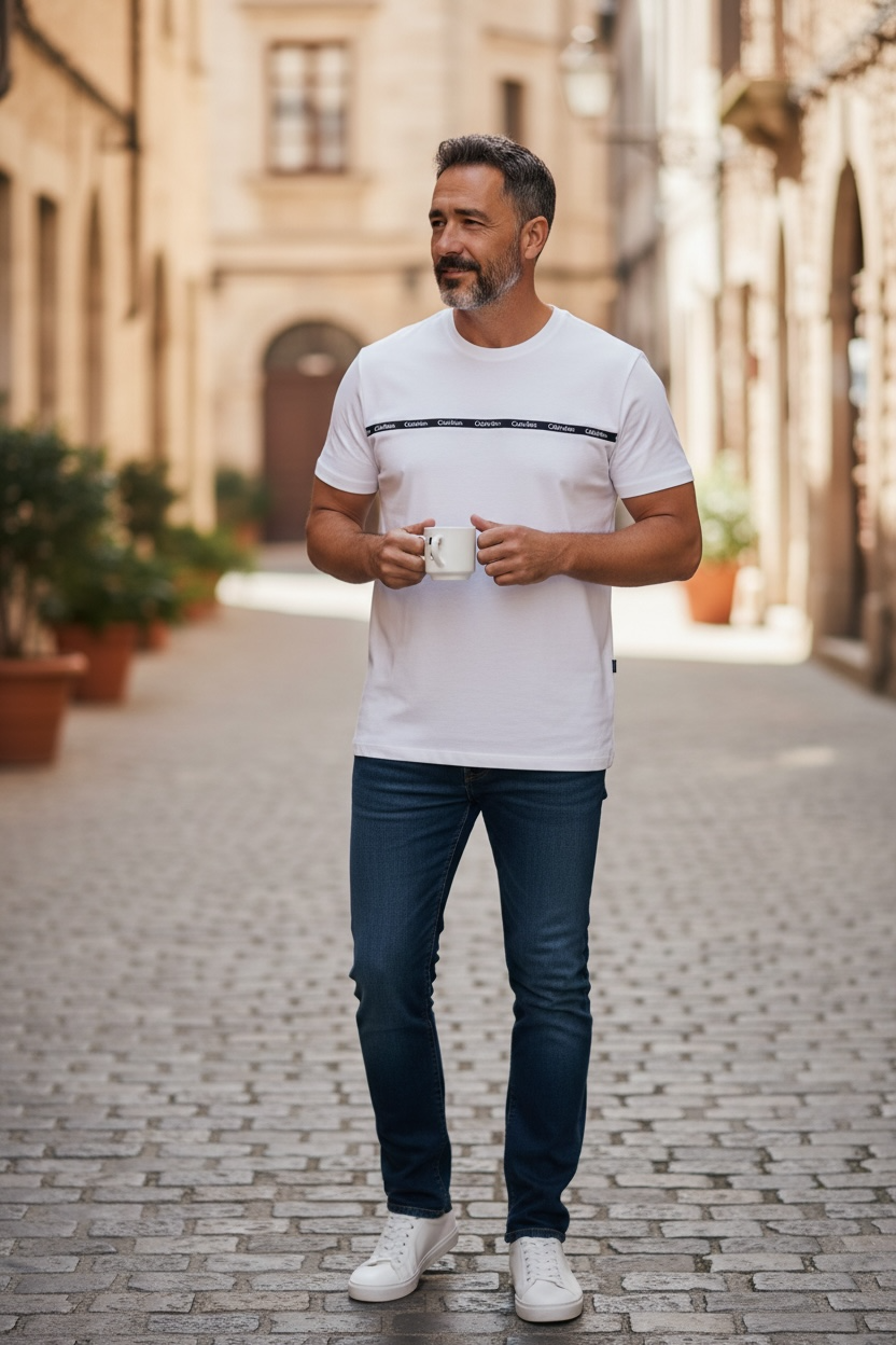 Camiseta Calvin Klein para Hombre Blanca con Banda de Logo en el Pecho