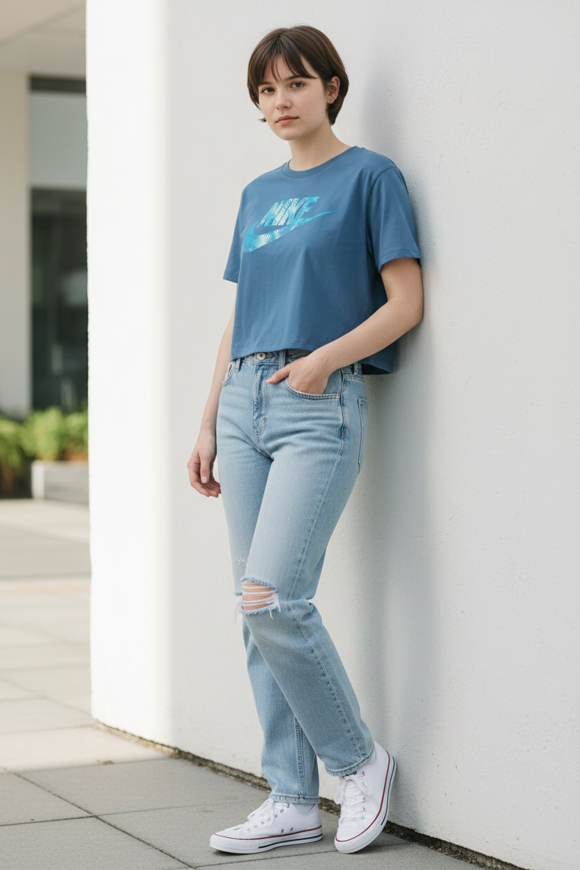Camiseta Nike Crop para Mujer Azul con Logo Turquesa