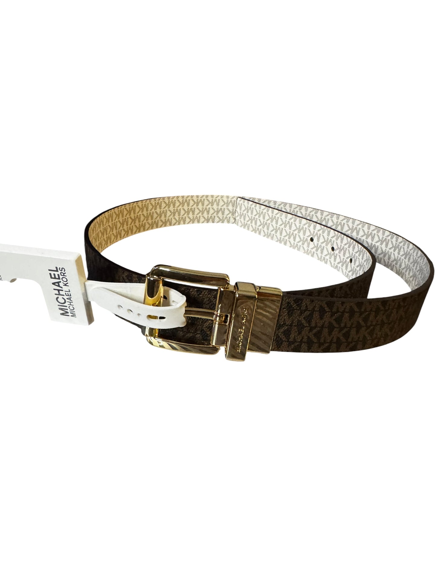 Cinturón Reversible Michael Kors MK Logo Café y Blanco con Hebilla Dorada