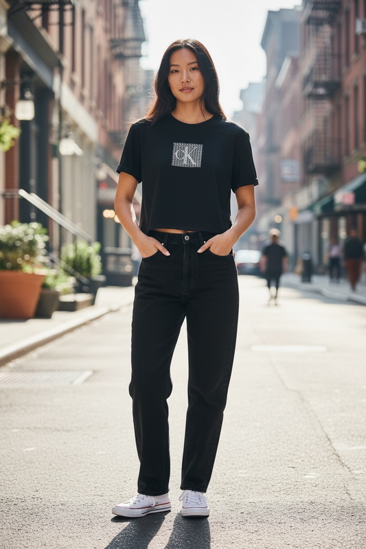 Camiseta Crop Top Calvin Klein Negra para Mujer con Logo CK