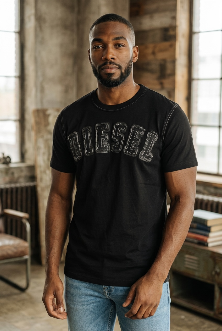 Camiseta Diesel Hombre Negra con Logo 3D Bordado Premium